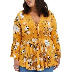 TORRID Yellow Gauzey Crochet Lace Up V Neck Floral Babydoll Smocked Top